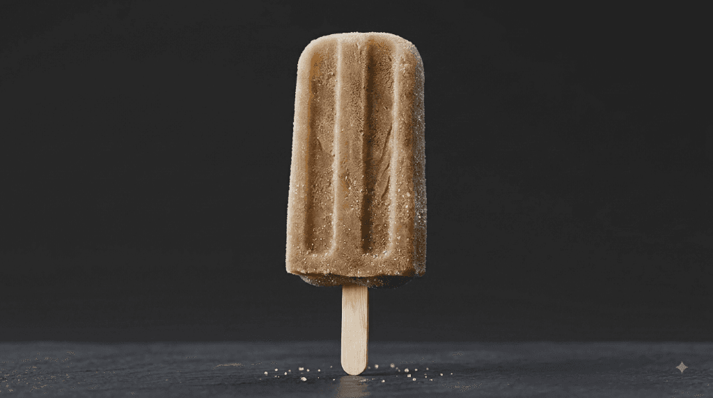 A frozen collagen popsicle standing on a dark slate surface