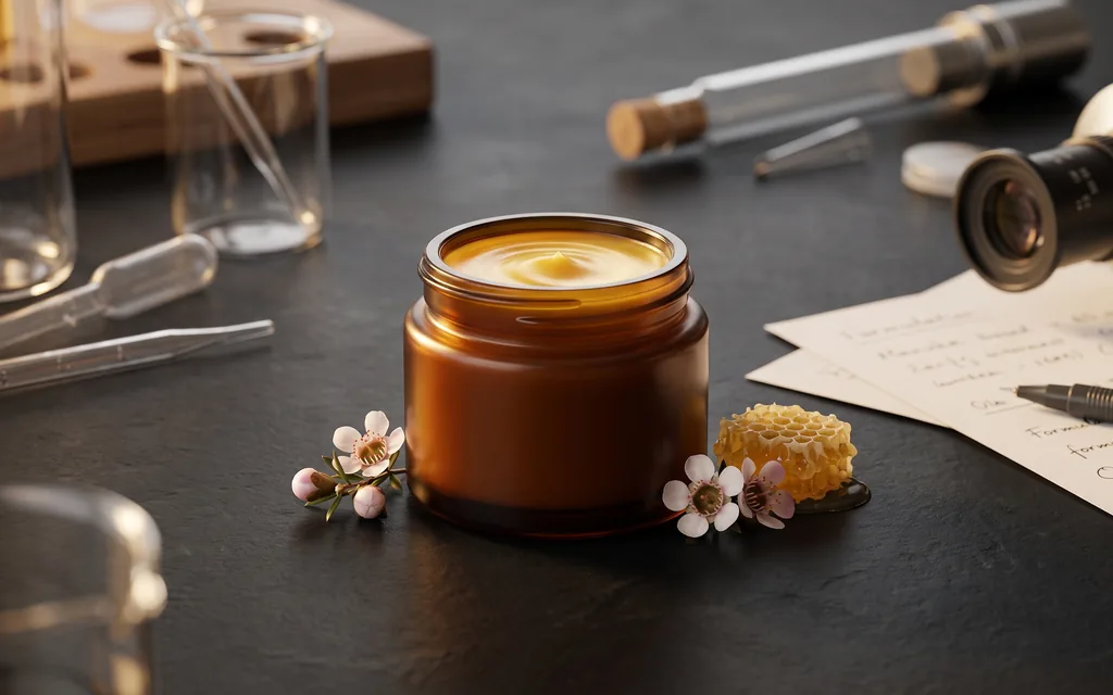 An open amber glass jar of golden manuka balm on a dark laboratory bench, with manuka blossom, honeycomb, pipettes and a microscope alongside